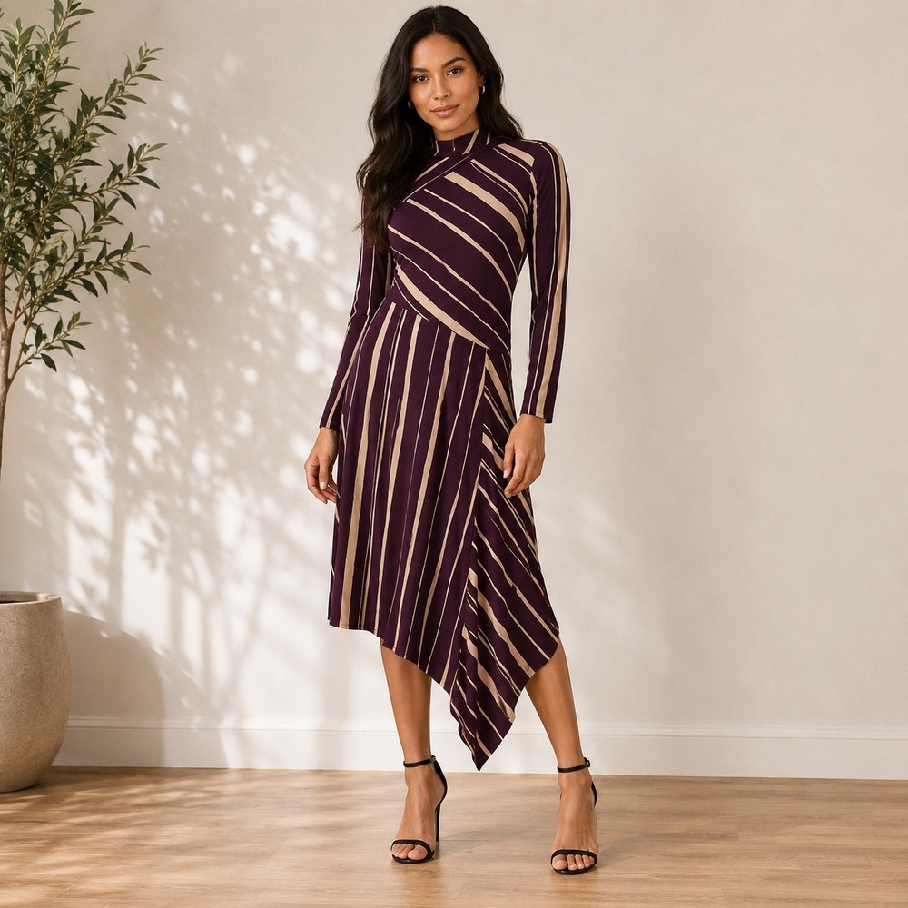 Taylor Women Raisin Latte Striped Mock Neck Handkerchief Hem Midi Dress 4P NEW‎